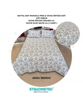 ETEHOMETEX Battal Boy Pamuklu Kapitoneli Yatak Örtüsü Seti AKSU İNDİGO 8696474232096